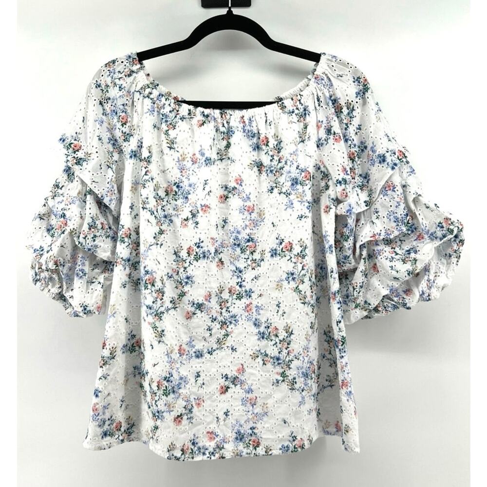 CeCe White Eyelet Floral Puff Sleeve Blouse Top Size M Boho Cottagecore